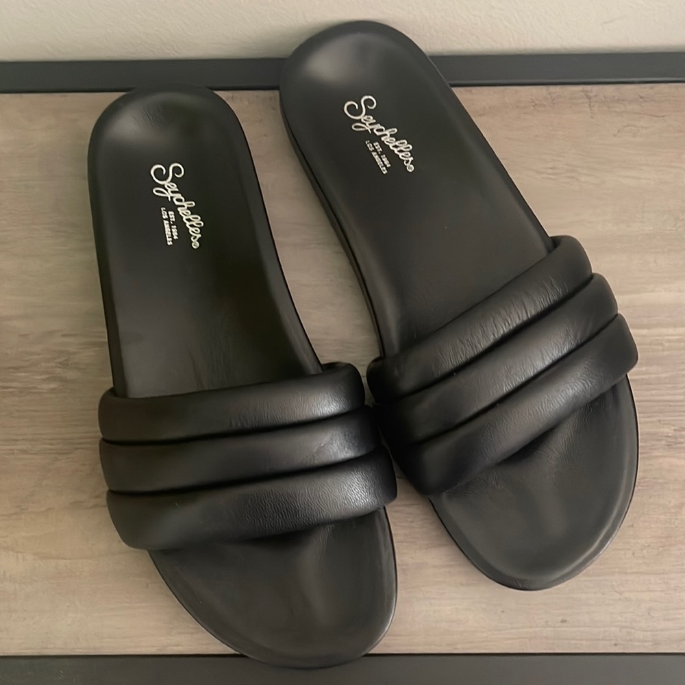 Seychelles Black Leather Slide Sandals - New